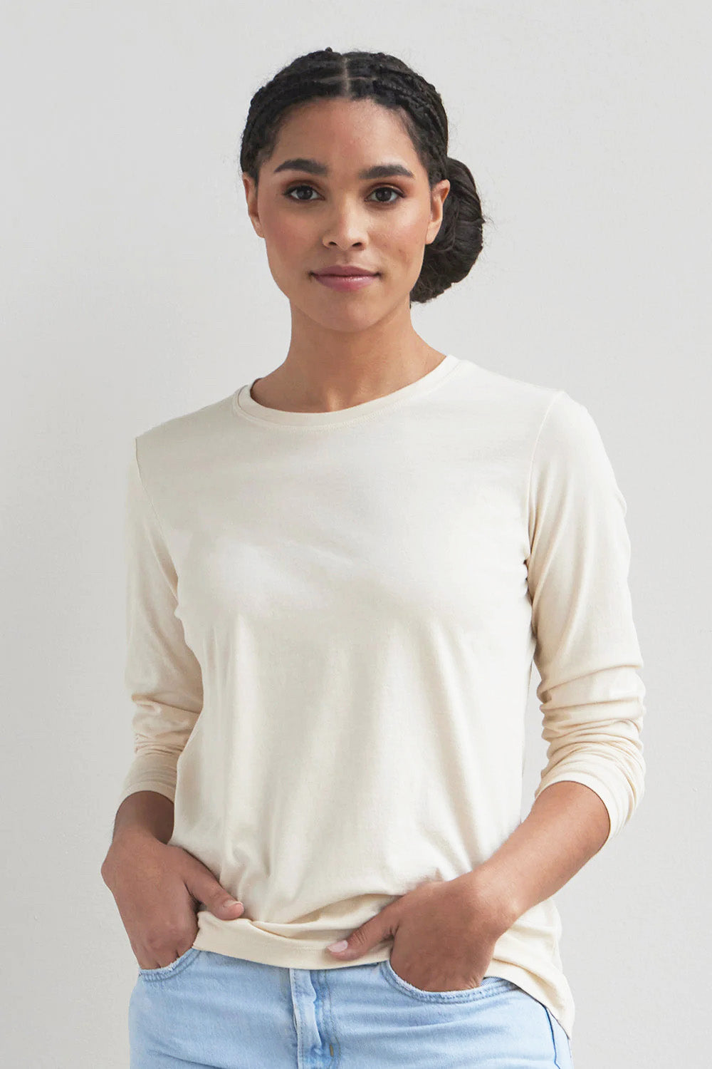 womens 100% cotton relaxed long sleeve crew neck tee - undyed natural cotton - fair trade ethically made