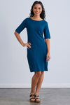 womens organic elbow sleeve boat neck dress- peacock blue - fair trade ethically made