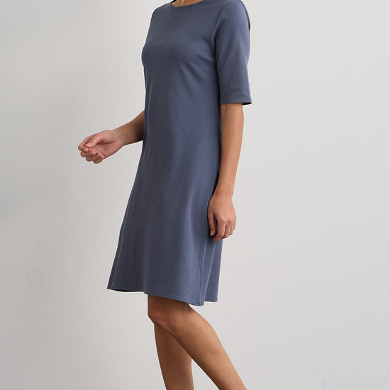 womens organic cotton half sleeve boat neck dress- slate blue - fair trade ethically made