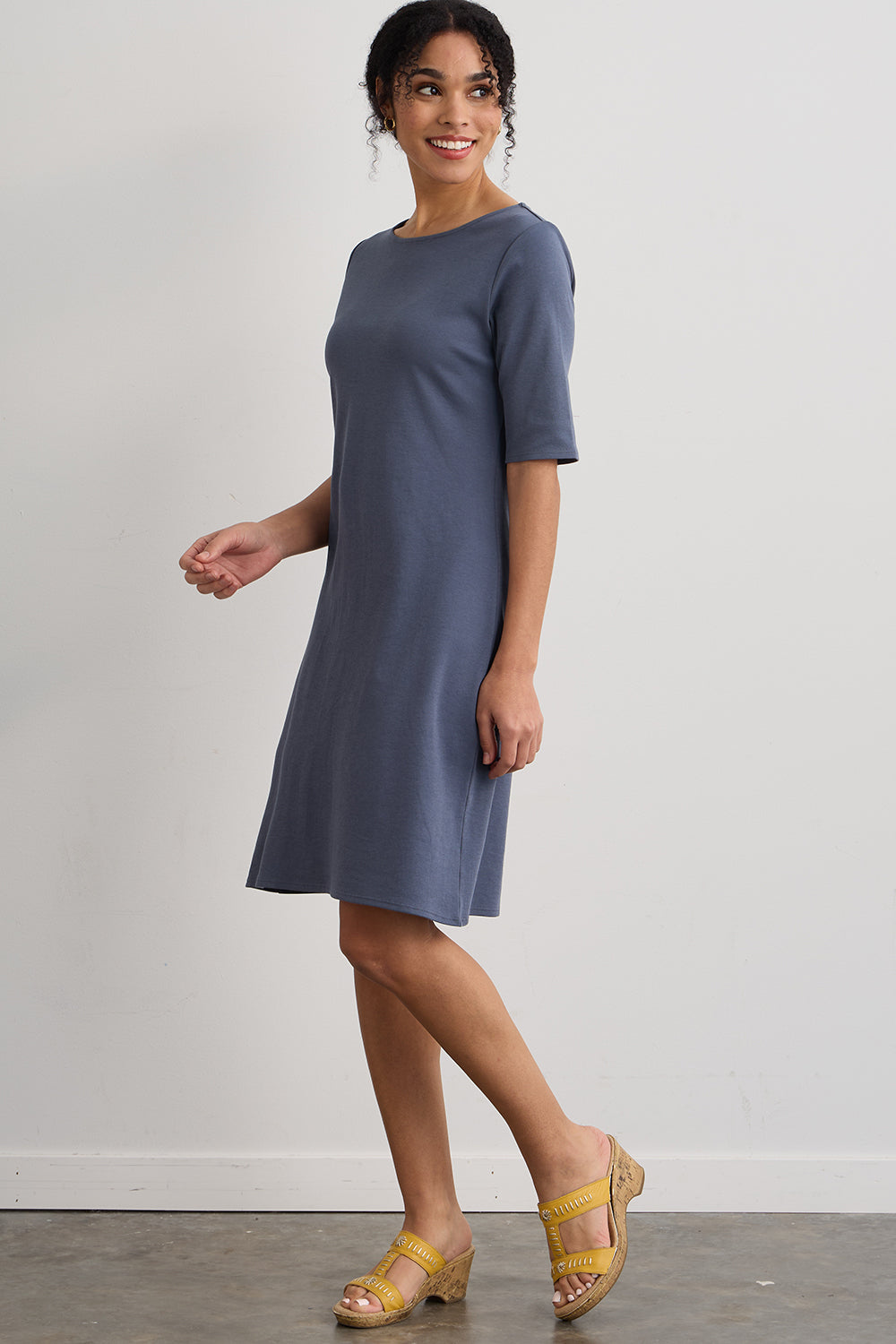 womens organic cotton half sleeve boat neck dress- slate blue - fair trade ethically made