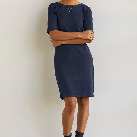 womens organic boat neck half sleeve dress- midnight navy blue - fair trade ethically made