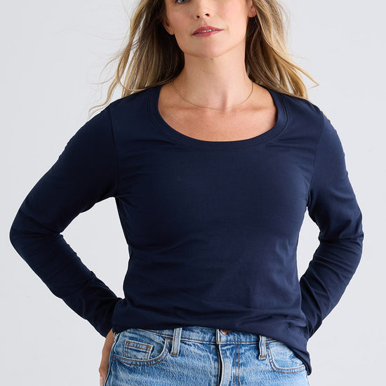 womens organic cotton long sleeve scoop neck tee - dark navy blue - fair indigo fair trade ethically made