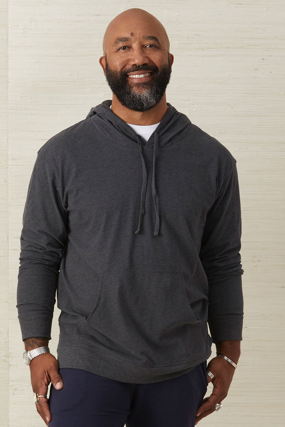 mens organic 100% cotton lightweight pullover hoodie dark charcoal heather grey - fair indigo - fair trade - ethically made