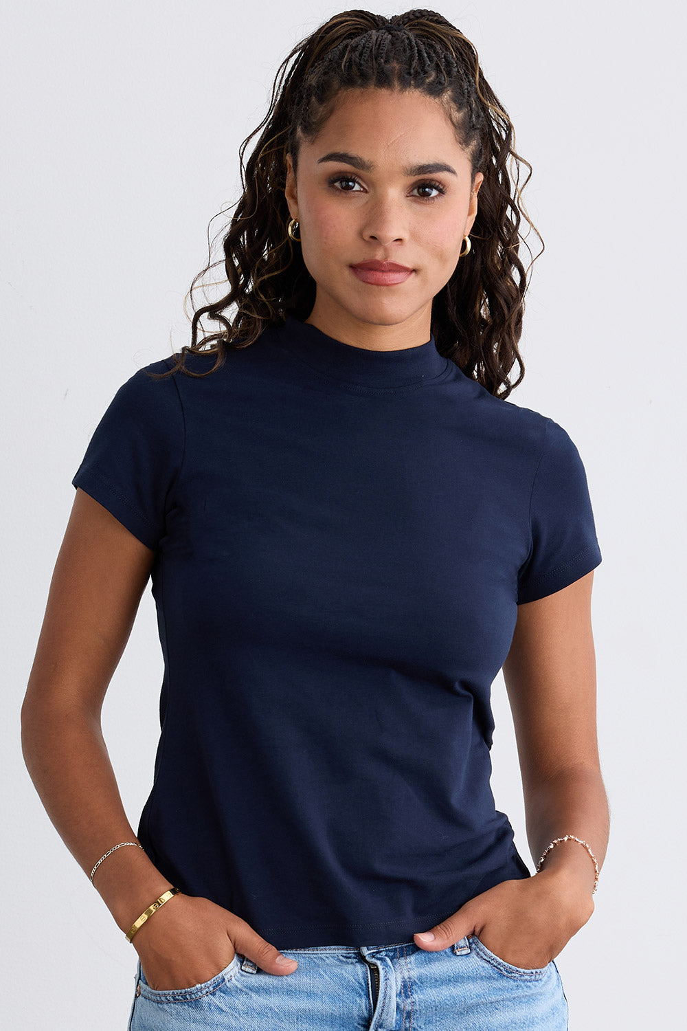 Women's Short Sleeve Mock Neck Top Fair Indigo - Main Image