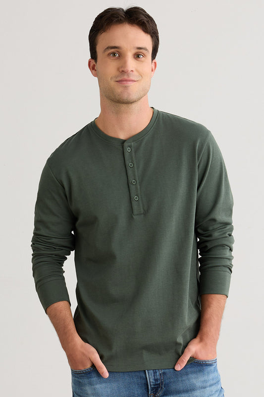mens organic all cotton henley shirt - balsam green - fair indigo ethically made