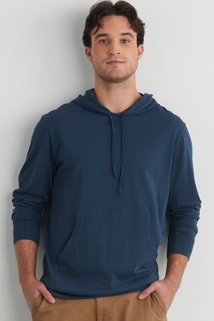 mens organic 100% cotton lightweight pullover hoodie dark ocean blue - fair indigo - fair trade - ethically made