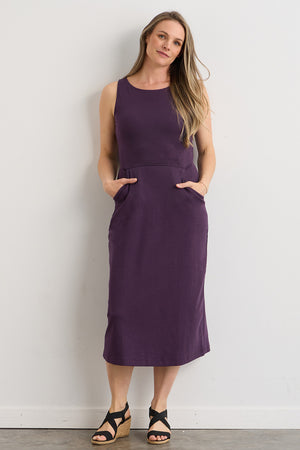 womens 100% organic cotton sleeveless midi dress - eggplant purple - fair indigo fair trade ethically made