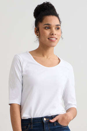 womens organic pima cotton half sleeve scoop neck top - white - fair indigo fair trade ethically made