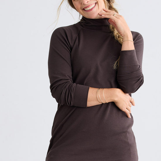womens organic cotton luxe mock neck tunic - dark chocolate brown - fair indigo ethically made