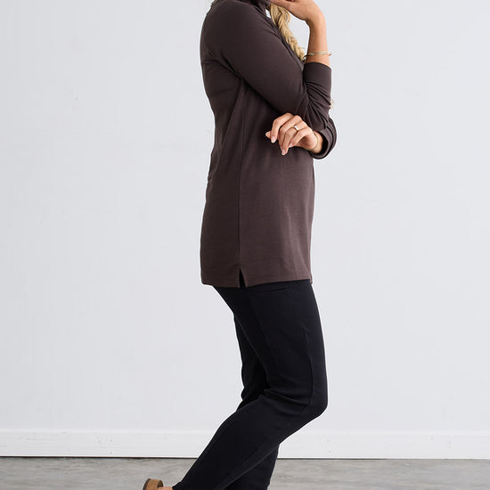 womens all cotton luxe mock neck tunic - dark chocolate brown - fair indigo ethically made