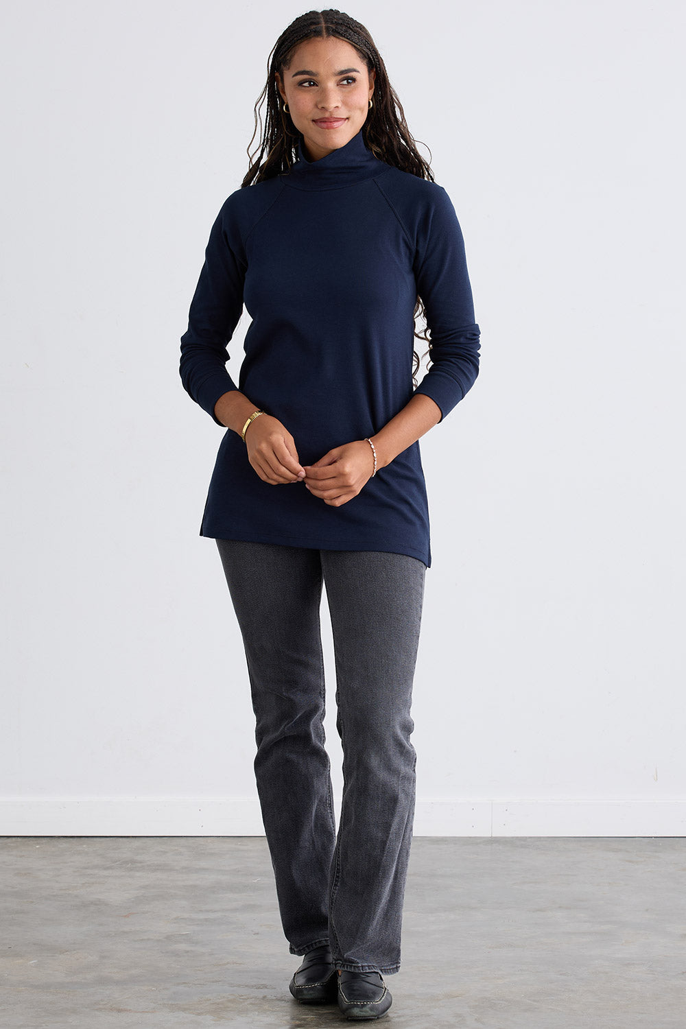 womens 100% organic cotton luxe mock neck tunic - dark navy bue - fair indigo ethically made