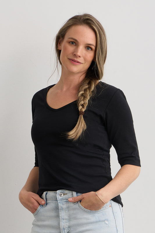 womens organic half sleeve v-neck t-shirt - black - ethically made fair trade clothing - fair indigo