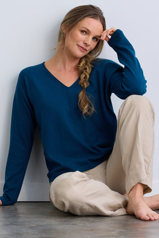 womens relaxed fit organic v-neck sweaters - peacock blue - fair indigo ethically made