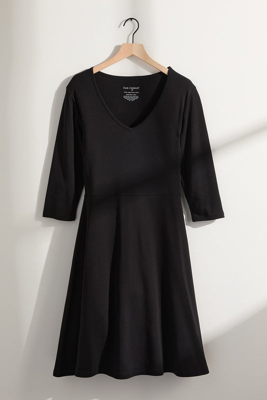 womens organic cotton 3/4 sleeve v-neck dress - black - fair indigo fair trade ethically made