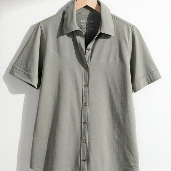 womens 100% organic cotton short sleeve button down shirt - sage green - fair trade clothing - fair indigo