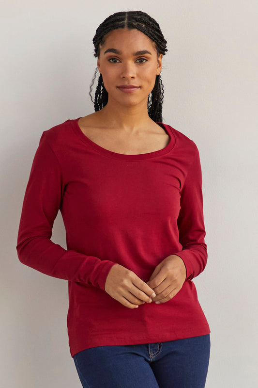 womens organic long sleeve scoop neck tee - cranberry red - fair indigo fair trade ethically made