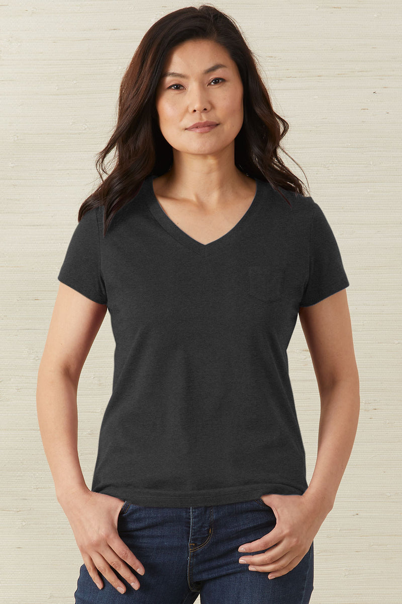 womens organic 100% cotton relaxed pocket v-neck t-shirt - dye free undyed - fair indigo fair trade ethically made