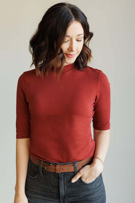 womens organic half sleeve mock neck top - auburn red - fair indigo - fair trade