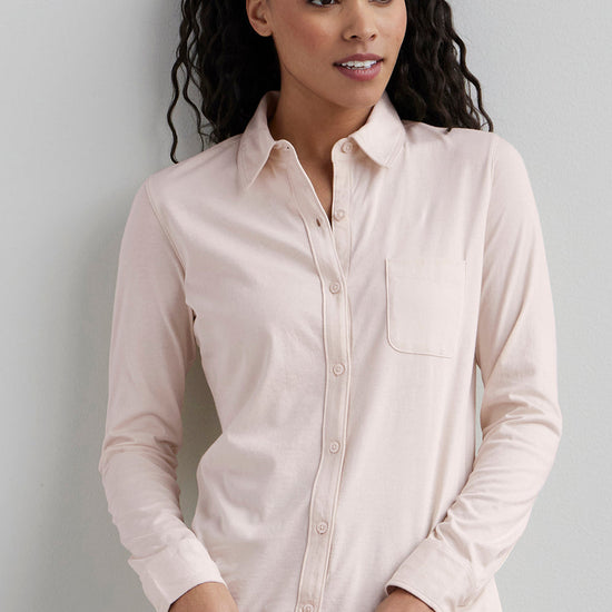 womens organic 100% cotton knit button down shirt- petal pink - fair trade ethically made