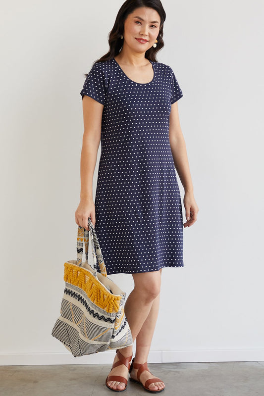 womens organic scoop neck t-shirt dress - polka dot - fair indigo fair trade ethically made