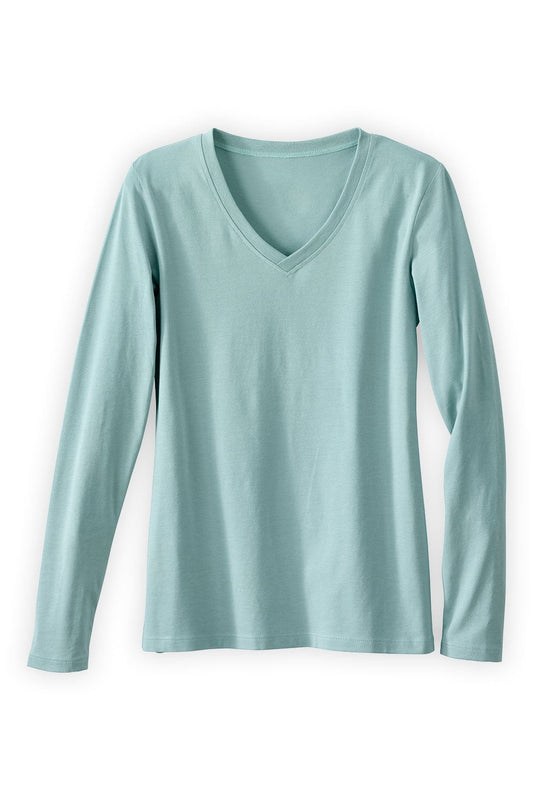 womens organic essential long sleeve v neck tee discontinued skus- spa blue - fair trade ethically made