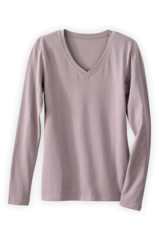 womens organic essential long sleeve v neck tee discontinued skus- lilac grey purple - fair trade ethically made