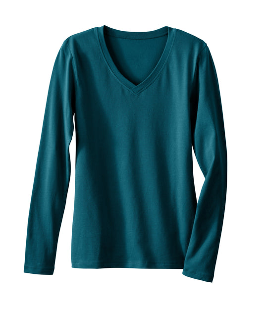 womens organic long sleeve v-neck t-shirt - deep teal green blue - fair indigo fair trade ethically made