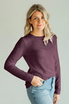 womens all cotton relaxed long sleeve crew neck tee - raisin purple - fair trade ethically made