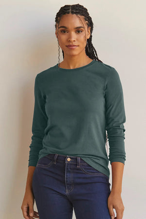 womens all cotton relaxed long sleeve crew neck t shirt - balsam green - fair trade ethically made