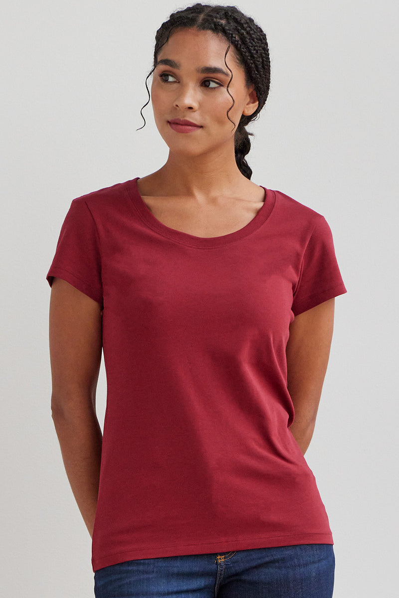 womens organic scoop neck tee - bonfire red - fair indigo fair trade ethically made