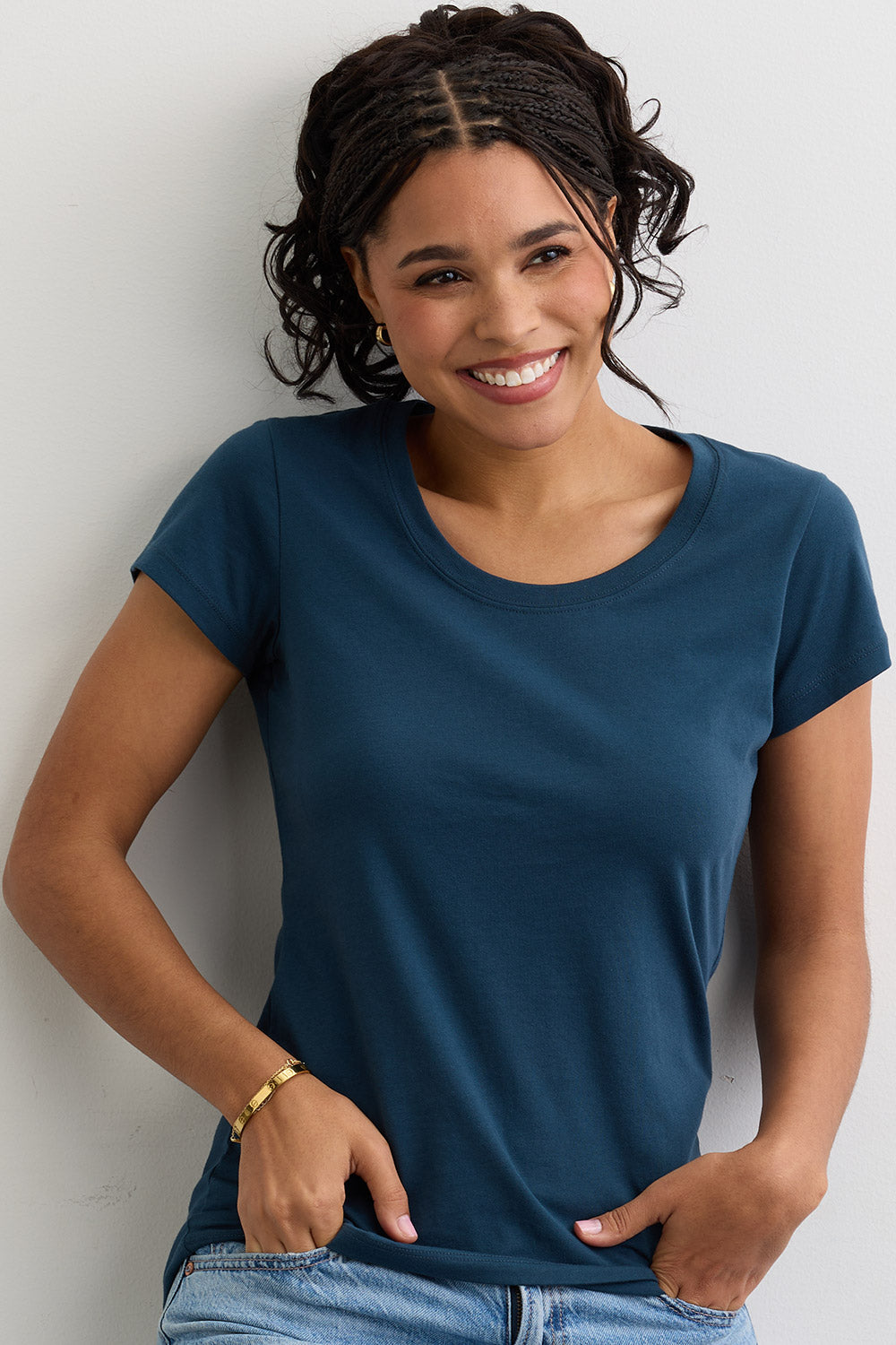 womens organic cotton scoop neck tee - dark ocean - fair indigo fair trade ethically made