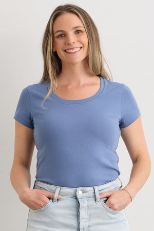 womens organic scoop neck t-shirt - forever blue - fair indigo fair trade ethically made