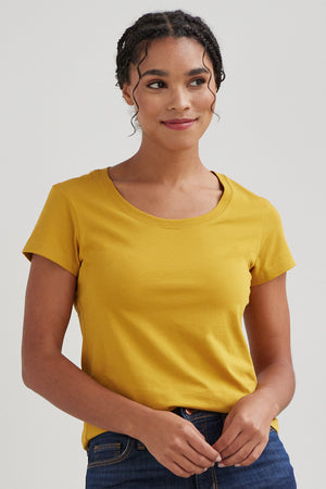 womens organic cotton scoop neck t-shirt - mustard gold yellow - fair indigo fair trade ethically made