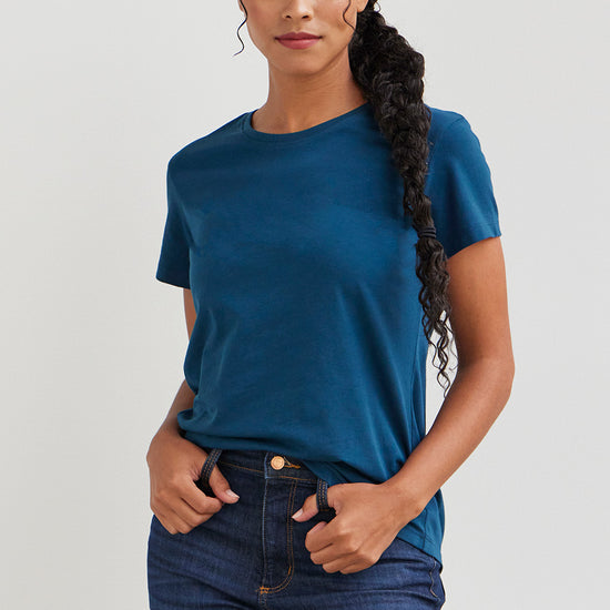 womens organic relaxed crew neck tee - peacock blue - fair indigo fair trade ethically made