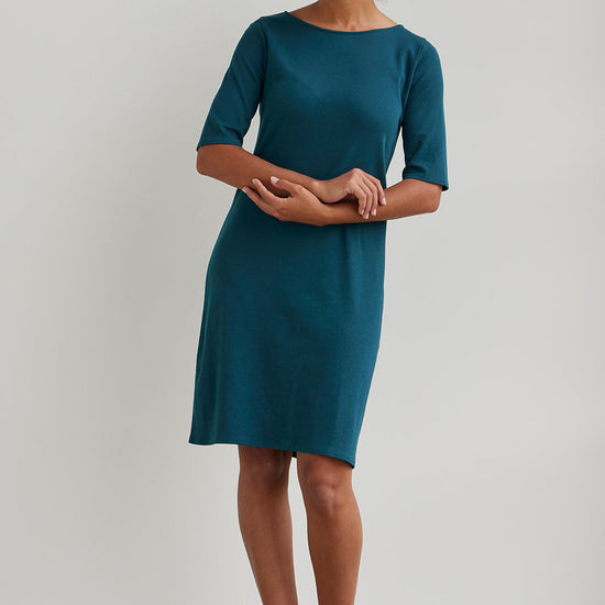 fair indigo womens organic boat neck half sleeve dress - deep teal blue green