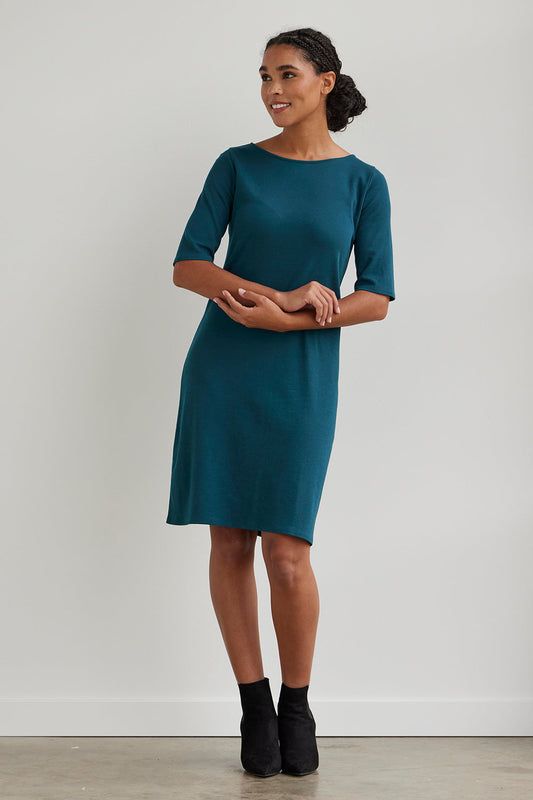 fair indigo womens organic boat neck half sleeve dress - deep teal blue green