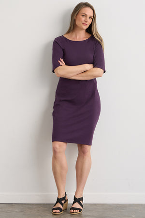 womens organic elbow sleeve boat neck dress- eggplant purple - fair trade ethically made