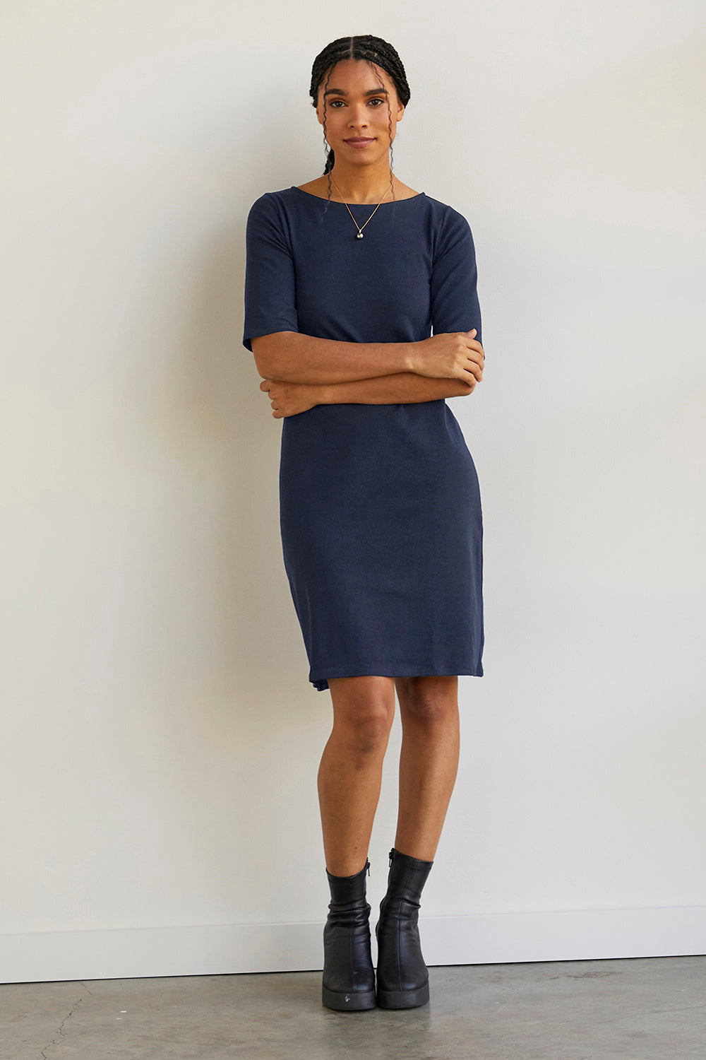 Faire Indigo Women's 100% Organic Cotton Elbow Sleeve Boat Neck Dress XS / Midnight Navy Faire Indigo Women's 100% Organic Cotton Elbow Sleeve Boat Neck Dress XS / Midnight Navy