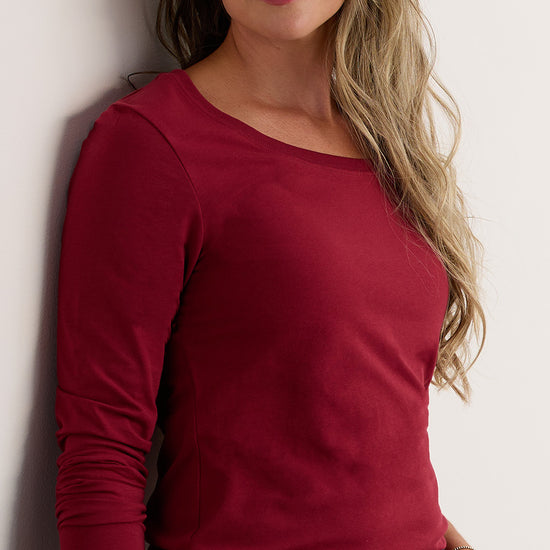 womens organic pima cotton long sleeve scoop neck tshirt- bonfire red - fair indigo fair trade ethically made