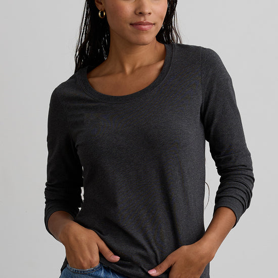 womens organic cotton long sleeve scoop neck tee - dark charcoal heather grey - fair indigo fair trade ethically made