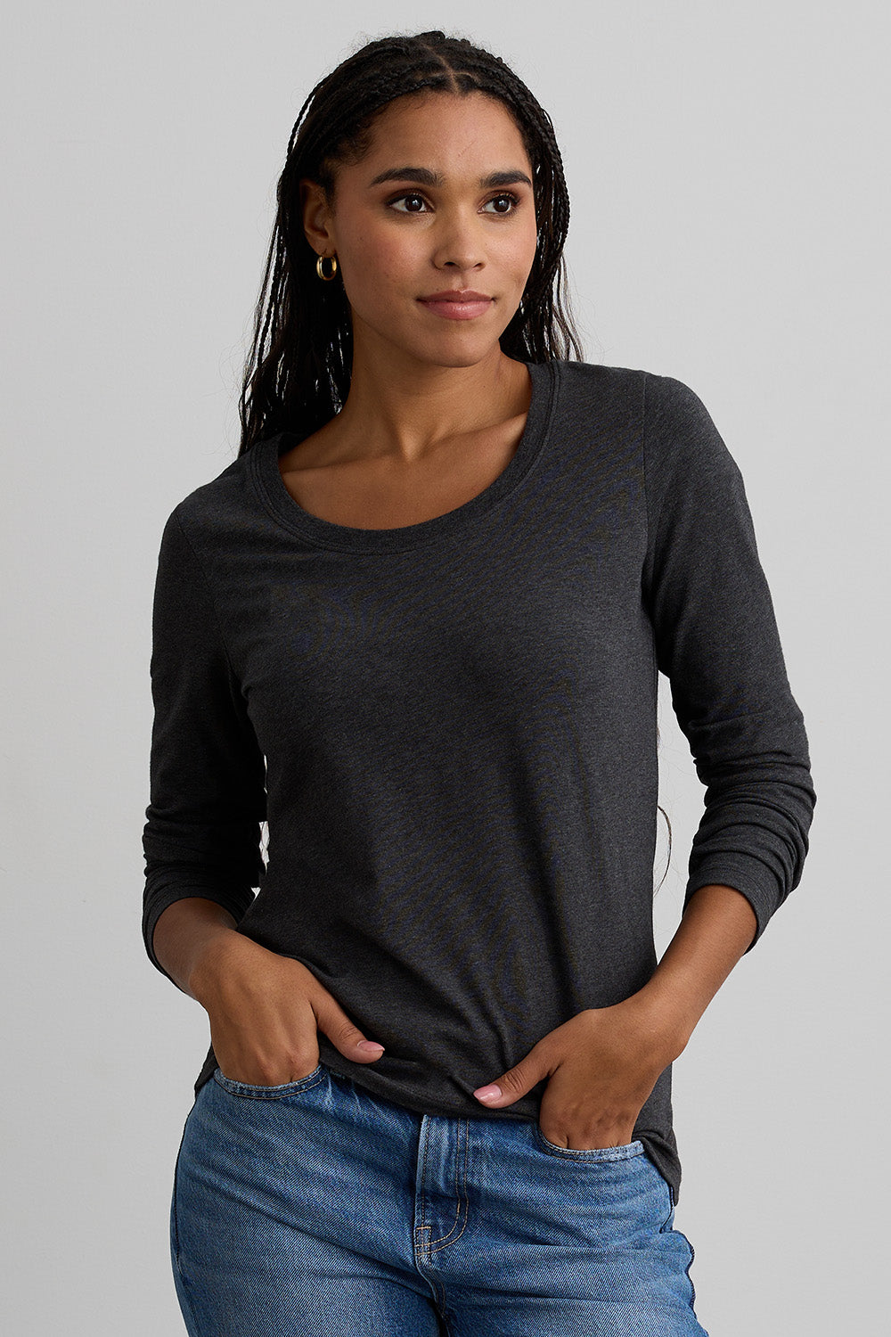womens organic cotton long sleeve scoop neck tee - dark charcoal heather grey - fair indigo fair trade ethically made
