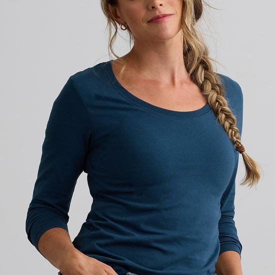 womens long sleeve organic cotton scoop neck tee - dark ocean blue - fair indigo fair trade ethically made