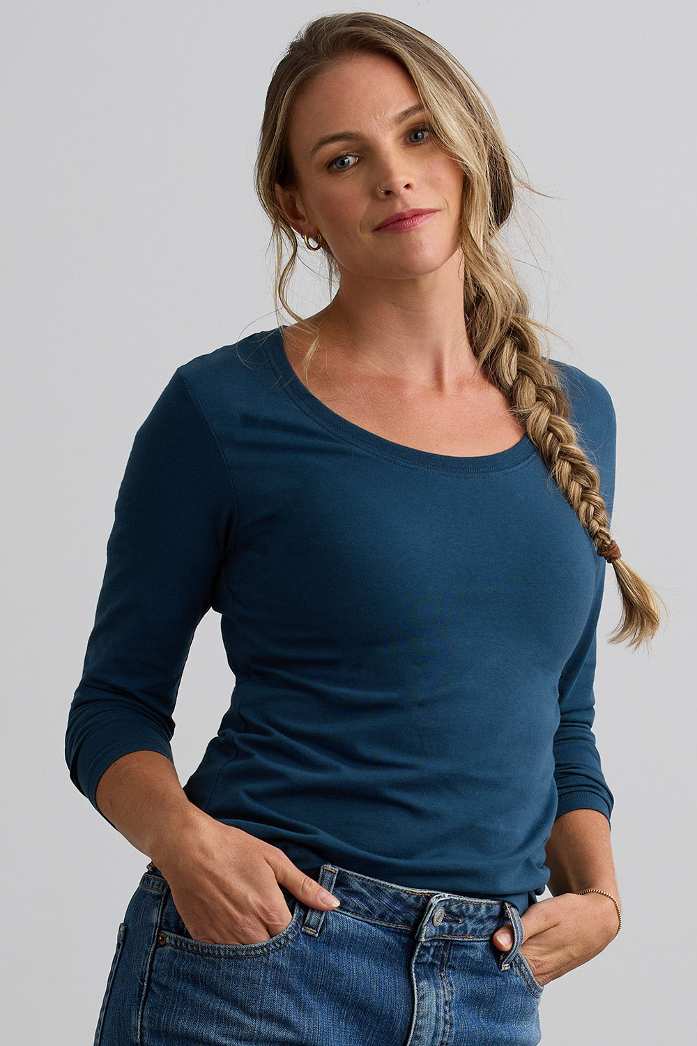 Women's Organic Cotton Long Sleeve Scoop Neck Tee | Dark Ocean Blue | Fair Indigo | Ethically Made Clothing | Fair Trade Clothes