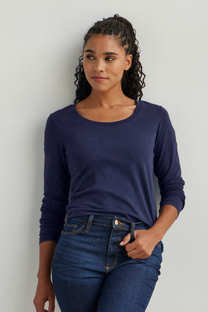 womens organic cotton long sleeve scoop neck tee - midnight navy blue - fair indigo fair trade ethically made