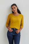 womens organic long sleeve scoop neck t-shirt - mustard gold yellow - fair indigo fair trade ethically made