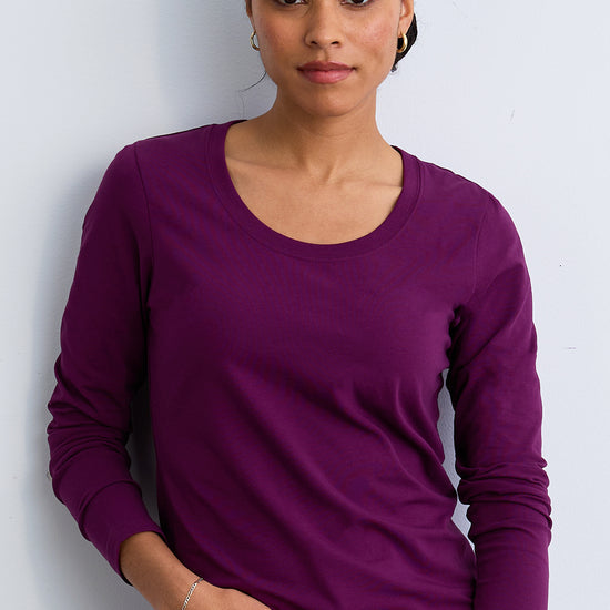 womens organic long sleeve scoop neck tee -plum purple - fair indigo fair trade ethically made