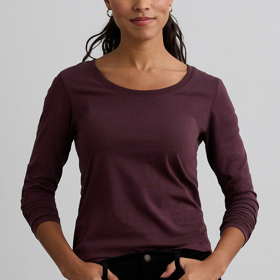 womens organic long sleeve scoop neck tee - raisin purple - fair indigo fair trade ethically made