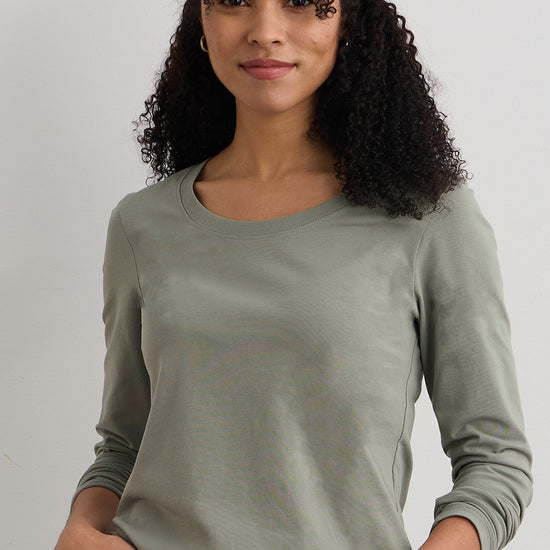 womens organic cotton long sleeve scoop neck tee - sage green - fair indigo fair trade ethically made