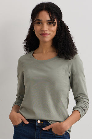 womens organic cotton long sleeve scoop neck tee - sage green - fair indigo fair trade ethically made