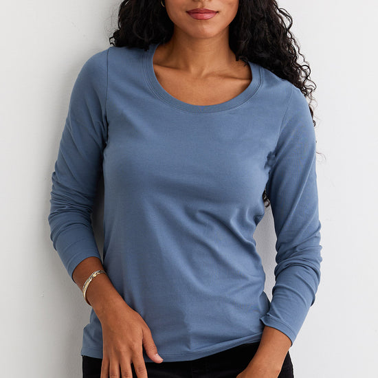 Women's Organic Cotton Long Sleeve Scoop Neck Tee | Storm Blue | Fair Indigo | Ethically Made Clothing | Fair Trade Clothes